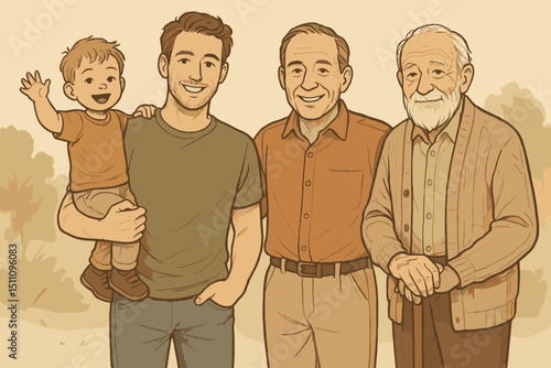 Generations of men: A heartwarming illustration of son, father, grandfather, and great-grandfather. Depicting family lineage, male bonding, heritage, and the aging process.