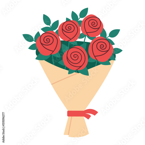 Flat vector illustration of a bouquet with red roses wrapped in beige paper and tied with a red ribbon. Romantic and elegant floral composition. Isolated on white background.