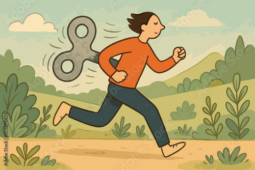 Whimsical illustration of a wind-up person running, symbolizing energy, motivation, drive, and routine. Conceptual graphic exploring vitality, perseverance, mechanical power, and the journey.