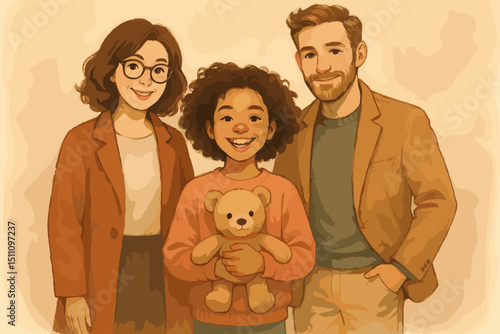 Diverse family love support. Multicultural parents adopted daughter with teddy bear. Happy family portrait. Illustration. Childhood joy togetherness. Adoption concept. Watercolor style character art.