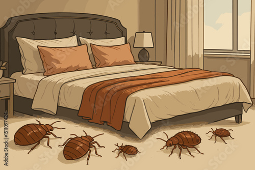 Bed bug infestation illustration. Unwanted pest guests, Cimex lectularius parasites, invading cozy bedroom floor. Concept of household hygiene crisis, pest control, extermination.