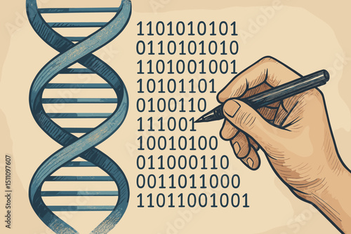 Genetic code concept. DNA helix and hand writing binary code. Biotechnology, bioinformatics, gene editing, genetic research. Digital information, science, and technology vector illustration.