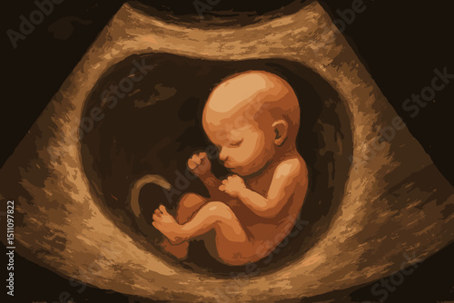 Artistic ultrasound illustration of developing fetus in early to mid pregnancy. Vintage sepia sonogram showing unborn baby in womb. Prenatal medical imaging. New life, development, motherhood.