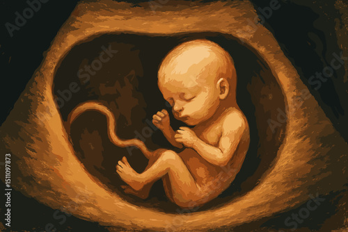 Artistic ultrasound of fetus in early pregnancy. Developing embryo in womb. Medical sonogram illustration. Prenatal development, new life concept. Unborn child, obstetrics image.