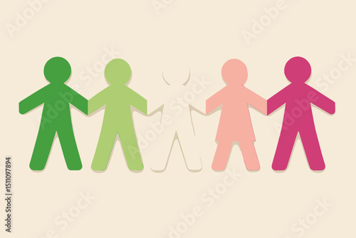 Abrosexual pride concept with paper chain figures in flag colors. LGBTQIA+ community, unity, support, fluid identity, and gender celebration. Textured vector illustration for diversity awareness.