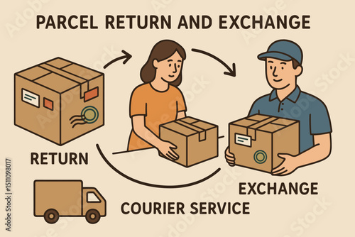 Parcel return and exchange process illustration with customer and courier. E-commerce logistics, shipping service, package delivery, and online shopping returns concept vector.