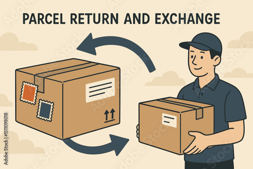 Parcel Return and Exchange Process. E-commerce logistics concept with delivery man holding cardboard box. Shipping service, online shopping order fulfillment, and package return vector illustration.