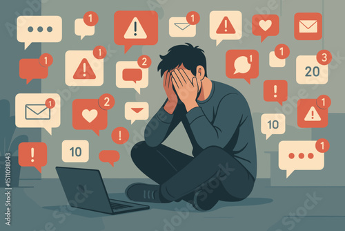 Digital overload concept. Man struggling with information fatigue, overwhelmed by excessive internet notifications, social media alerts. Stress, anxiety, burnout, mental health. Vector illustration.