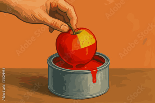 Hand painting an apple red, dipping it into a can of paint. Conceptual illustration of deception, fake appearances, and artificial modification. Metaphor for hidden truth, illusion, and GMOs.