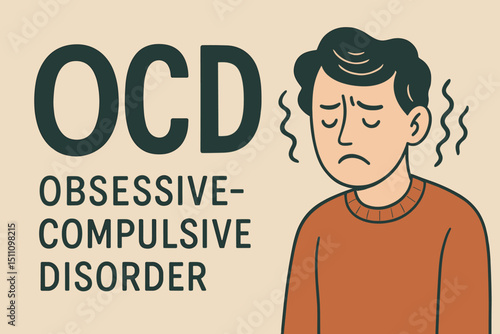 OCD Obsessive Compulsive Disorder. Mental health concept illustration. Worried man character, anxiety symptoms. Intrusive thoughts, stress. Psychology, psychiatric illness awareness.