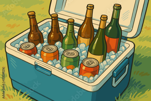 Retro Cooler Box Illustration: Packed with Chilled Beer Bottles and Soda Cans on Ice. Perfect for Summer Picnics, BBQs, Outdoor Parties. Vintage Style Refreshments Vector Graphic.