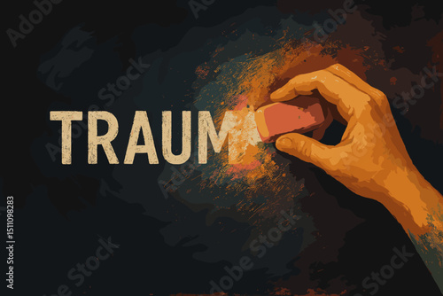 Erasing trauma metaphor. Mental health concept. Hand with eraser, TRAUMA word on chalkboard. Psychology, art therapy, healing, recovery, overcoming adversity. Emotional release, pain removal.