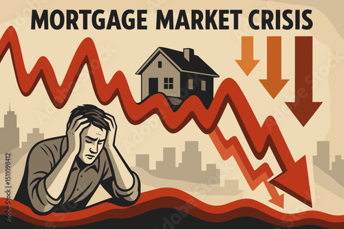 Mortgage Market Crisis concept. Stressed homeowner facing housing bubble burst, real estate crash, property value decline. Financial turmoil, economic recession, investment loss, debt anxiety.