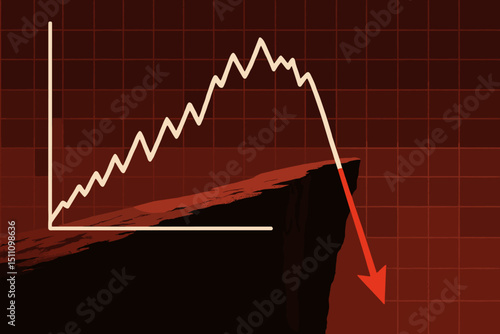Stock market crash metaphor. Graph showing financial crisis, plunging off cliff edge. Economic downturn, recession risk. Red arrow down, chart decline, investment loss, business failure. Bear market.