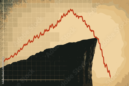 Market crash metaphor. Financial graph showing sharp decline falling off a cliff edge. Economic crisis, stock market turmoil, recession, business failure, and investment risk concept. Vintage chart.