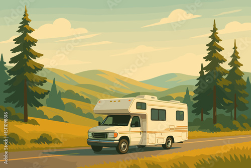 RV motorhome driving on scenic road through serene landscape with pine trees and rolling hills. Camper van adventure, summer vacation, nature travel illustration. Recreational vehicle journey concept.