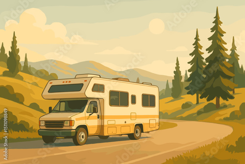 Vintage RV camper van on scenic mountain road trip adventure. Serene landscape with pine trees and sun. Outdoor travel, vacation freedom, leisure exploration, nature journey concept.