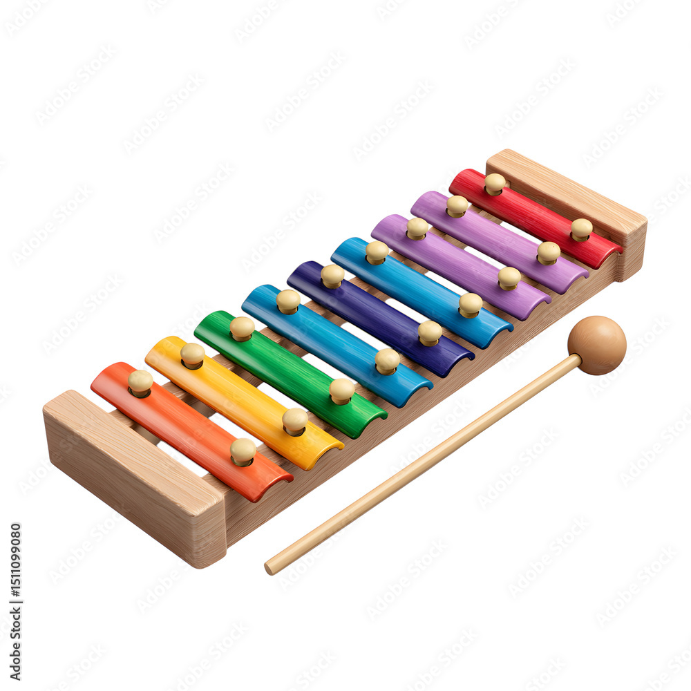 Fototapeta premium Wooden xylophone toy with colorful keys and mallet, smooth musical design, isolated on transparent background