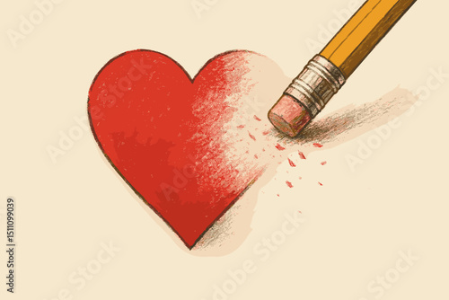 Heartbreak concept pencil eraser deleting red heart drawing. Love fading, relationship ending, emotional pain, letting go metaphor. Symbolic illustration of loss, sorrow, and forgetting.