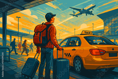 Man traveler with luggage arriving at airport terminal by yellow taxi cab for flight. Airplane taking off, exciting departure, start of journey. Adventure awaits concept. Travel illustration vector.