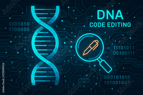 DNA code editing concept. Genetic engineering and biotechnology innovation. Futuristic science research with double helix, binary data, and magnifying glass for gene modification analysis.