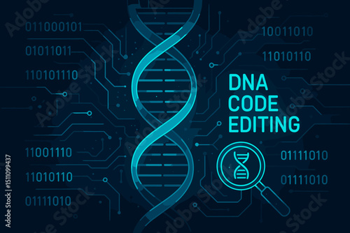 DNA Code Editing illustration. Genetic engineering, biotechnology, and bioinformatics concept. Futuristic gene therapy, genome helix modification, and CRISPR technology. Digital DNA analysis science.