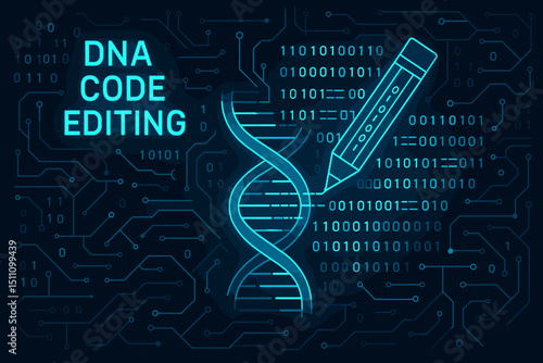 DNA code editing, gene therapy, genetic engineering, biotechnology innovation. Futuristic science and tech concept with binary code, DNA helix, pencil modifying genes. Digital biology.