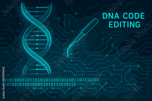 DNA code editing vector illustration. Futuristic genetic engineering and biotechnology innovation. Glowing helix, digital circuit board, binary data, gene manipulation tool. Science technology.