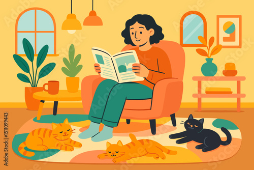 Woman reading newspaper in armchair surrounded by cats, serene home interior. Cozy living room scene with pet companionship. Peaceful relaxation, leisure time, hygge lifestyle concept.