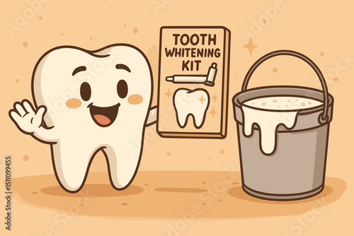 Happy tooth character holding tooth whitening kit. Dental care mascot for oral hygiene. Cosmetic dentistry concept. Teeth bleaching product promotion. Healthy white smile. Dental clinic vector.
