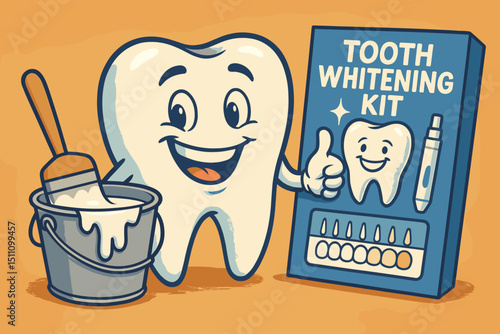 Retro tooth character mascot. Tooth whitening kit. Dental care cartoon. Happy smiling tooth, paintbrush, paint. Vintage vector illustration. Oral hygiene, teeth bleaching concept. Bright smile.