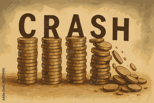Economic downturn conceptual illustration. Financial crisis symbol with falling coin stacks and CRASH text. Recession, market collapse, investment loss, money problems. Vintage sketch style.