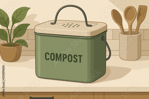 Sustainable kitchen composter bin for organic waste recycling, promoting eco-friendly living. Vector illustration of a countertop compost pail, zero waste lifestyle concept in a modern home.