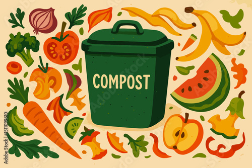 Vibrant compost bin illustration with organic food scraps, fruit, vegetable waste. Sustainable recycling, zero waste, eco-friendly gardening, kitchen composting for rich soil fertilizer.