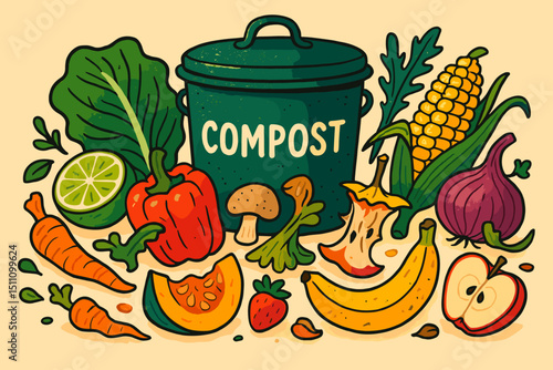 Vibrant compost bin with assorted organic food scraps illustration. Concept for sustainable living, zero waste, recycling kitchen waste, soil enrichment, and eco-friendly gardening. Healthy eating.