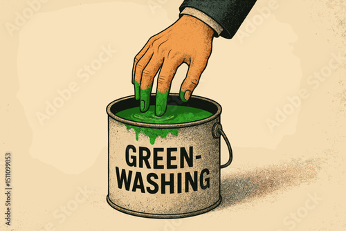 Greenwashing. Deceptive corporate environmentalism. Hand green paint. Misleading eco-friendly marketing. Fake sustainability claims. Business ethics. Environment protection propaganda. Retro vector.