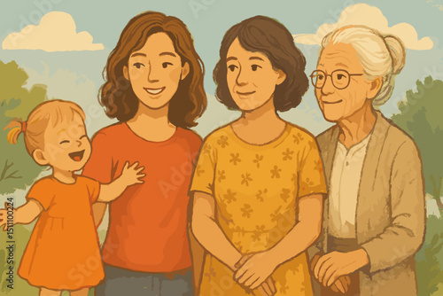 Four Generations of Women: Grandmother, Mother, Daughter, Granddaughter. Family Bond, Love, Support, Happiness. Intergenerational Relationships, Legacy, Heritage, Ancestry
