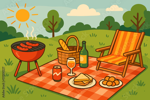 Sunny Picnic Scene with BBQ Grill, Food, and Drink on Gingham Blanket. Outdoor Leisure, Summer Relaxation, Cookout, Deck Chair, Good Weather, Vacation, Green Meadow.