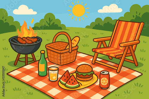 Summer picnic illustration. Outdoor barbecue concept. Grill, sausages, hamburger, watermelon. Checkered blanket, picnic basket, deck chair. Park leisure on sunny day. Food, drinks. Cartoon vector.