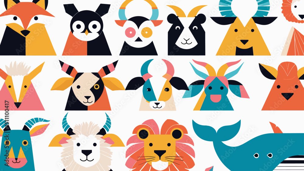 Naklejka premium imple animal icons_fox owl panda triger cow lion and whale with geometric shapes