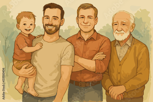 Four Generations Family Portrait. Father, Son, Grandfather, Great Grandson. Family Reunion. Watercolor Style Illustration. Bonding, Lineage, Heritage, Multi-Generational.