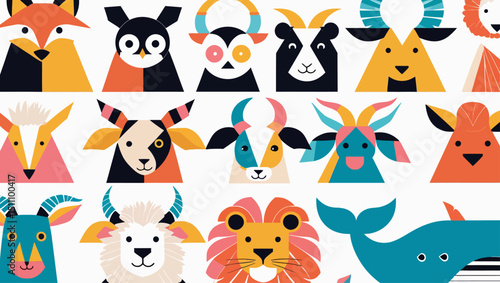 imple animal icons_fox owl panda triger cow lion and whale with geometric shapes