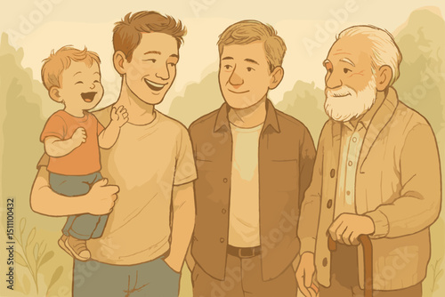 Four Generations: Family Portrait with Baby, Father, Grandfather, and Great-Grandfather Smiling Together in Harmony, Generational Bond, Family Tree, Lineage, Heritage