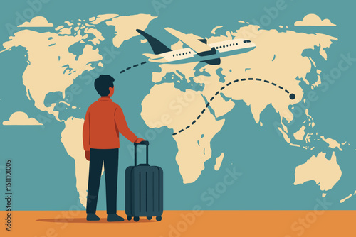 Global travel concept. Man with suitcase ready for adventure, watching airplane on world map. International journey, vacation, tourism, business trip. Flight path, exploration, wanderlust.