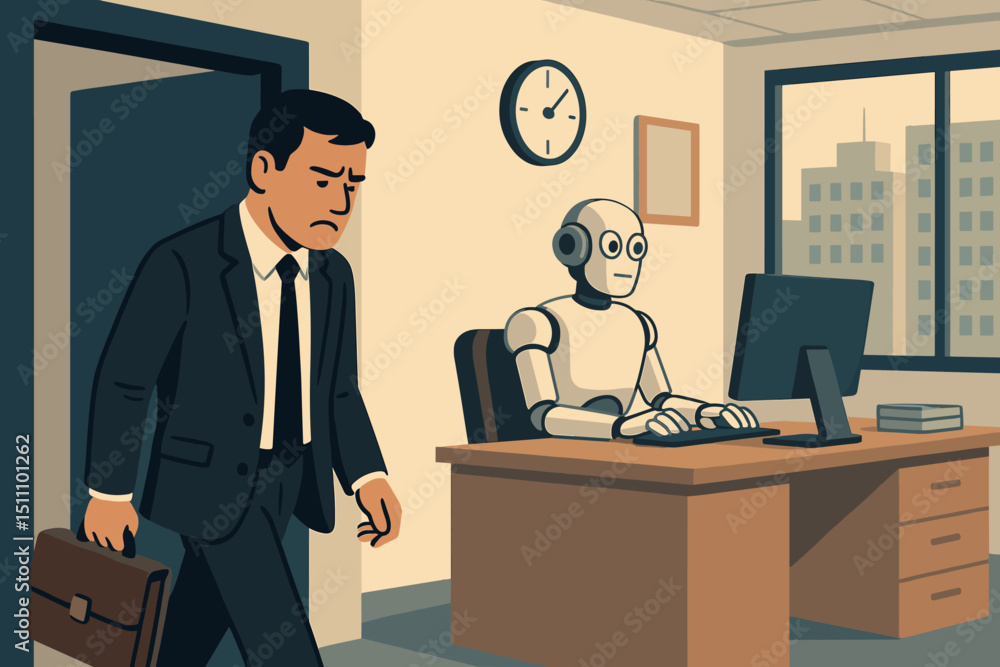 AI replaces worker. Sad businessman fired, leaving office as robot takes his job. Concept job displacement, automation, future of work, unemployment, technological advancement. Crisis. AI replaces worker. Sad businessman fired, leaving office as robot takes his job. Concept job displacement, automation, future of work, unemployment, technological advancement. Crisis.