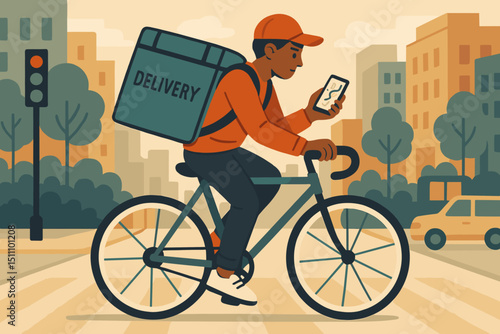 Express Courier Service. Modern Urban Delivery Cyclist with Phone. Fast Bike Messenger in Cityscape. Delivering Packages with Bicycle. Eco-Friendly. Green Transport.