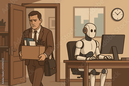 AI Automation Replaces Human Worker: Sad Employee Leaving Office with Belongings as Robot Sits at Desk. Job Loss Due to Artificial Intelligence Concept. Future of Work.