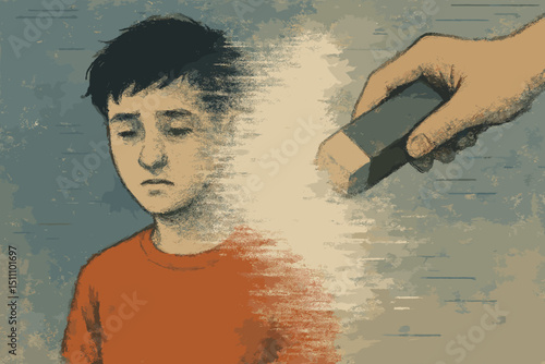 Fading Identity Illustration. Child being erased. Concept of loss, disappearance, childhood trauma, mental health struggles, vulnerability, feeling insignificant, forgotten, psychological abuse.