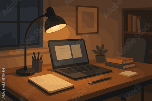 Cozy Home Office at Night with Warm Lamp Light, Laptop, Notepad, and Books. Workspace for Study, Work, Creative Writing, and Online Learning. Comfortable Interior Scene.