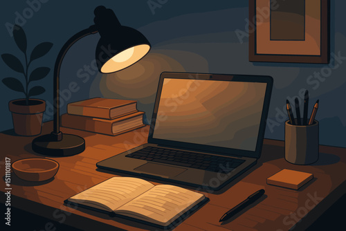 Illuminated workspace. Cozy home office desk. Laptop computer. Open notebook, pen, books, lamp light. Night study, remote work, freelance. Quiet evening illustration. Productivity, concentration.